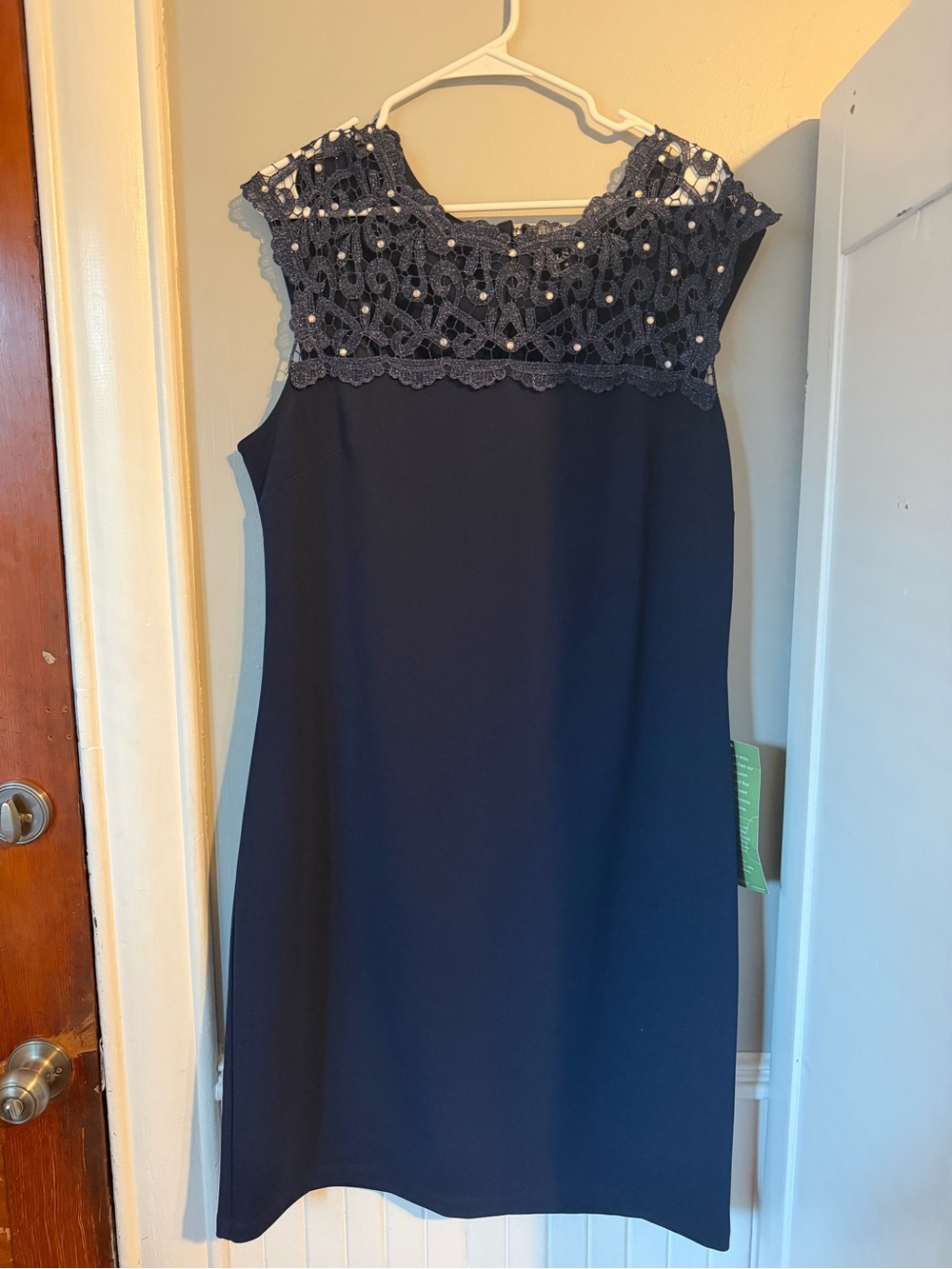 SLNY Navy Lace Yoke Mini Shift Dress